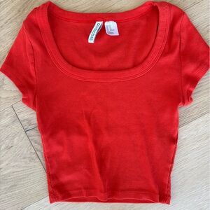 H&M Red Ribbed Short Sleeve Scoop Neck Top